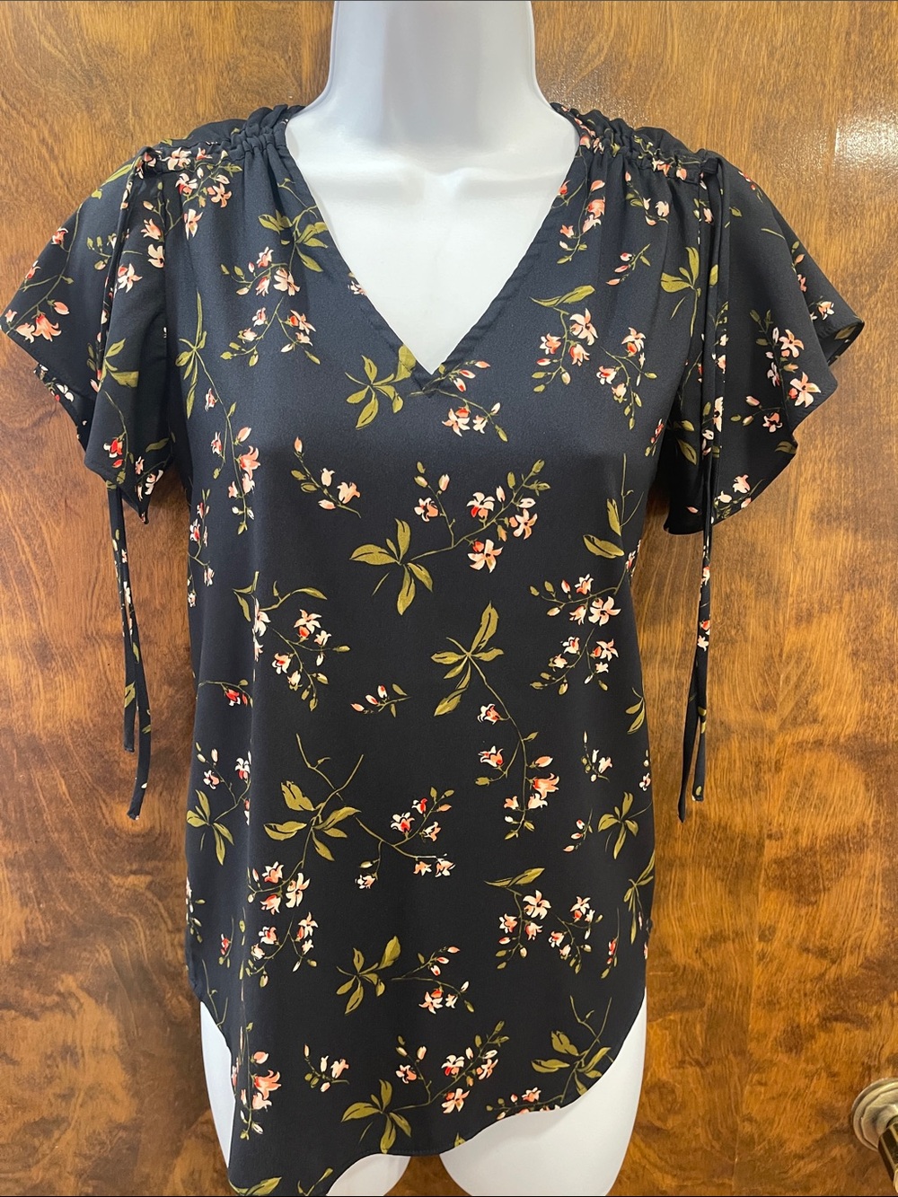 Ann Taylor Navy Floral V-Neck Tie-Sleeve Top